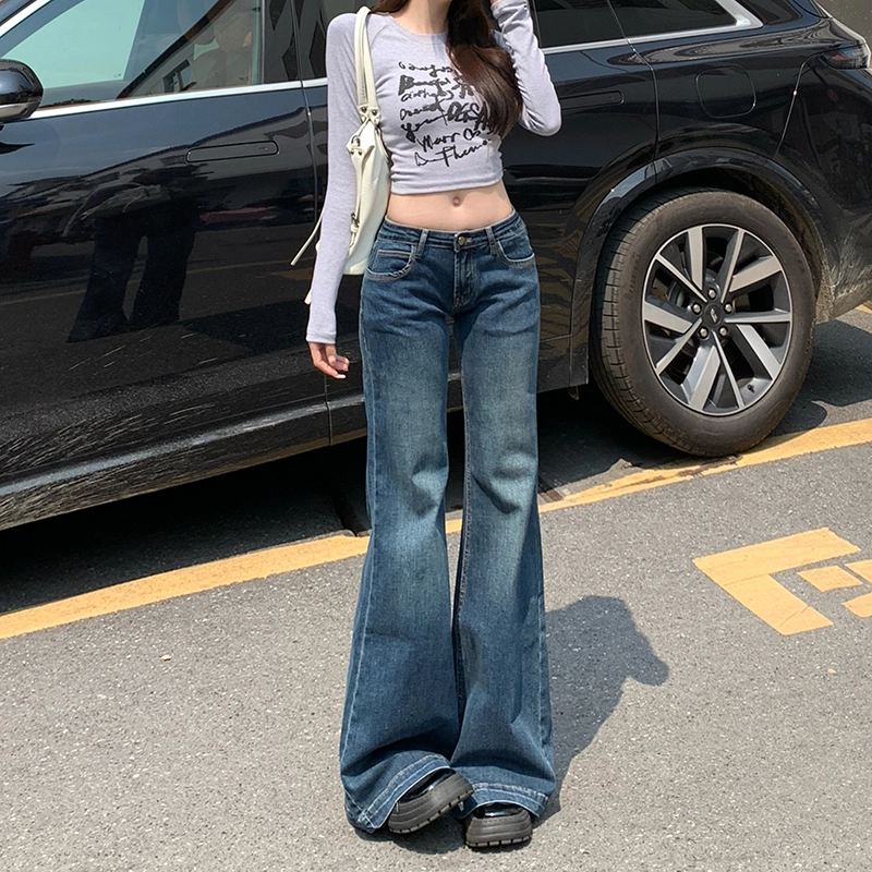 人本 美式辣妹复古风格舒适百搭弹力时尚直筒低腰拖地阔腿牛仔裤 女款