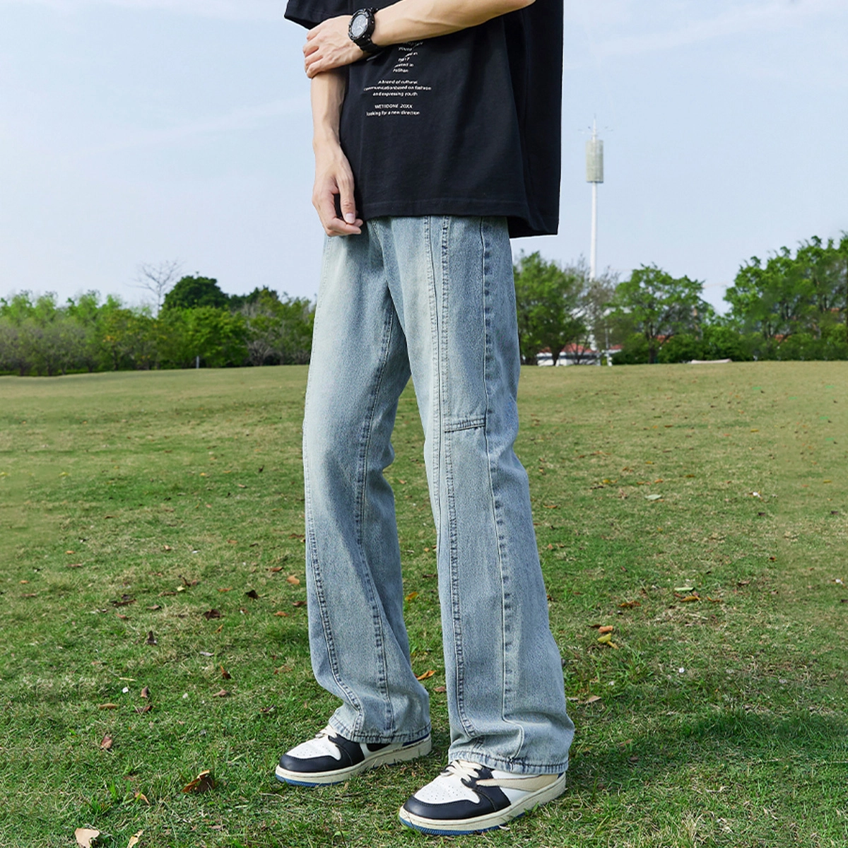 人本 简约拼接校园通勤直筒裤子微喇显瘦水洗长裤子牛仔裤夏季 男女同款 蓝色