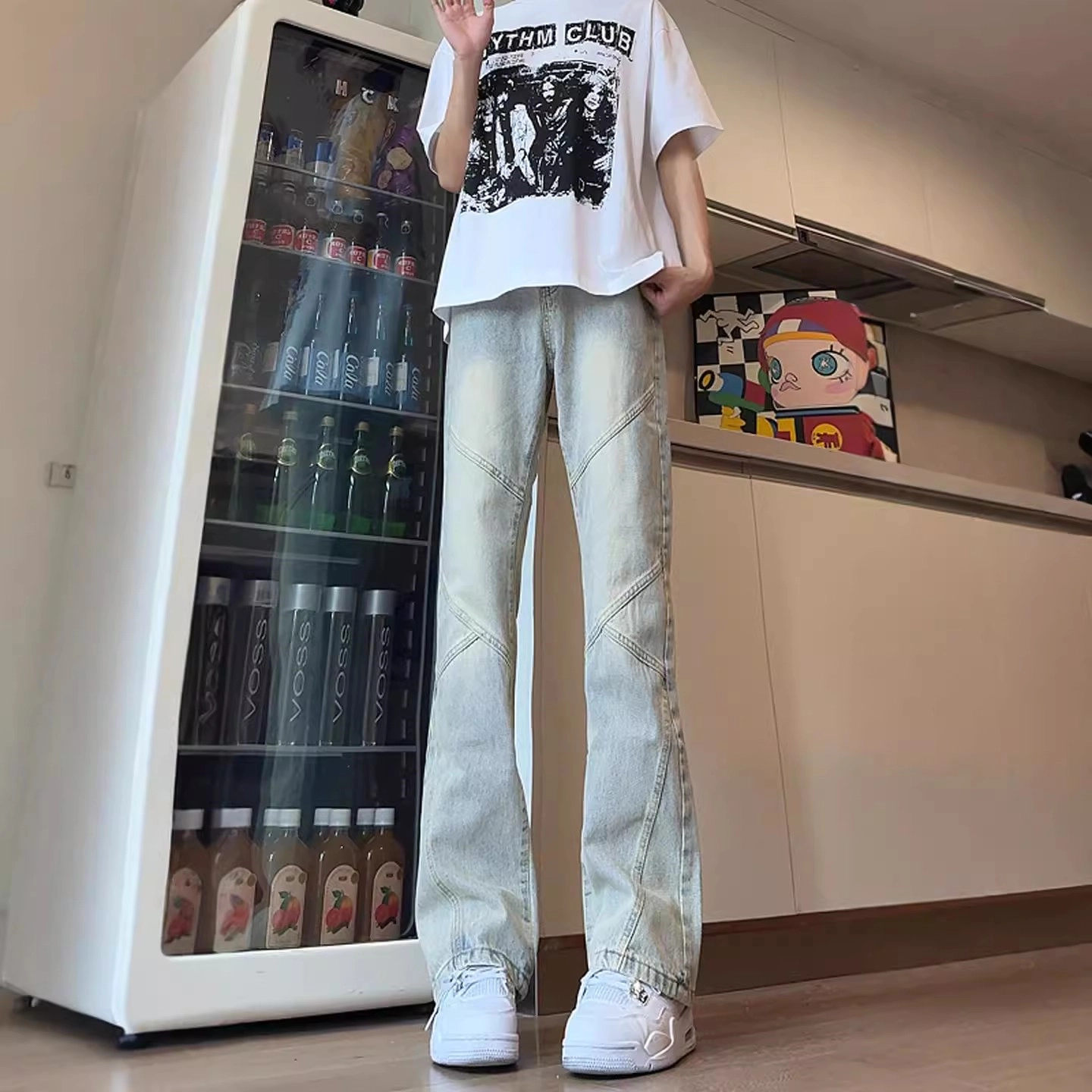 人本 磨白做旧耐磨水洗拼接设计微喇叭长裤青少年文艺校园青春休闲百搭牛仔裤 男女同款 黑色