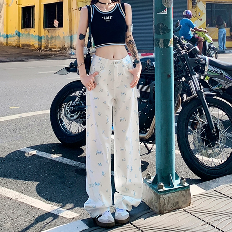 人本 韩系舒适轻盈甜美高腰垂感小碎花显瘦直筒宽松时尚牛仔裤 女款