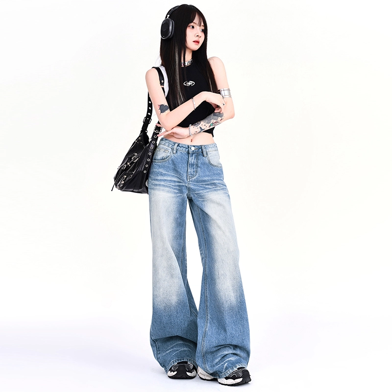 人本 美式百搭时尚做旧水洗折痕拖地显瘦宽松直筒阔腿裤牛仔裤 女款 蓝色