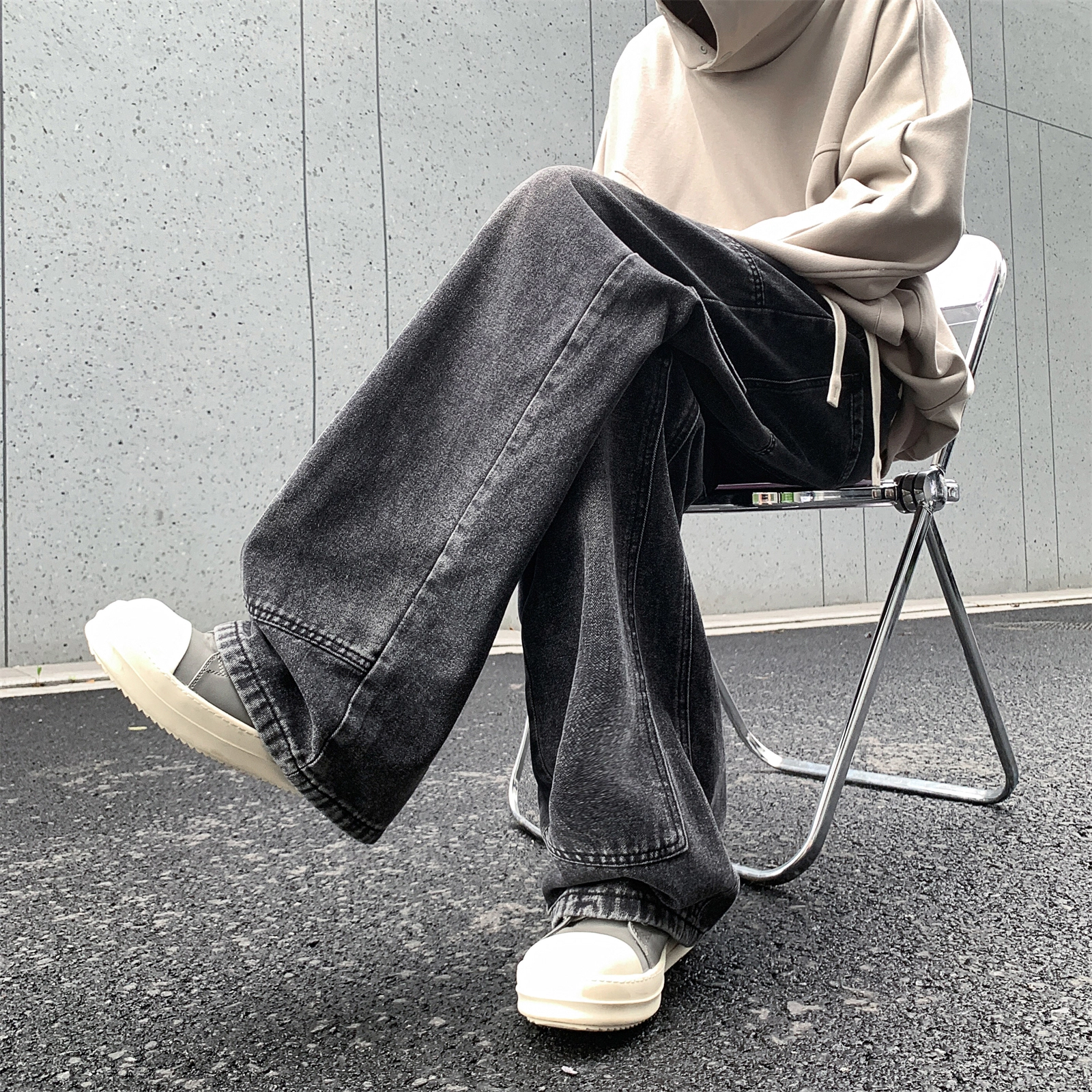 人本 直筒宽松休闲长裤抽绳系带中腰拼接飘带复古阔腿裤学生百搭牛仔裤 男女同款