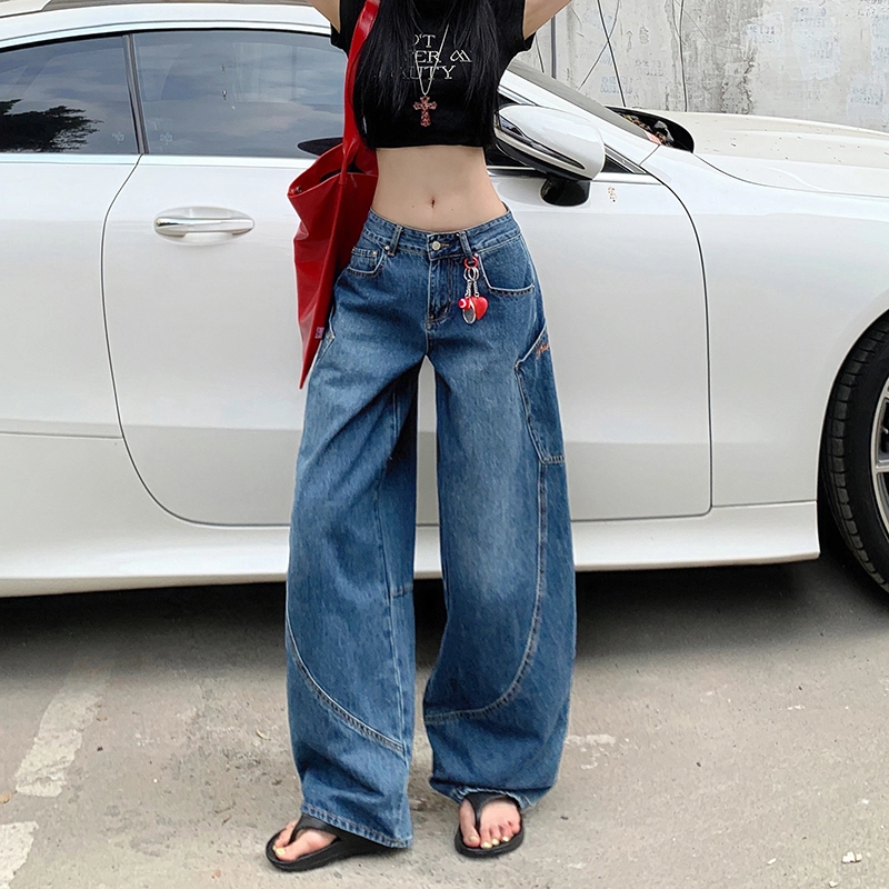 人本 美式复古舒适百搭弯刀字母刺绣拼接宽松休闲时尚高腰显瘦阔腿牛仔裤 女款