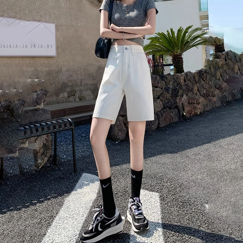 人本 美式潮流时尚简约休闲直筒纯色高腰宽松舒适百搭五分牛仔短裤 女款