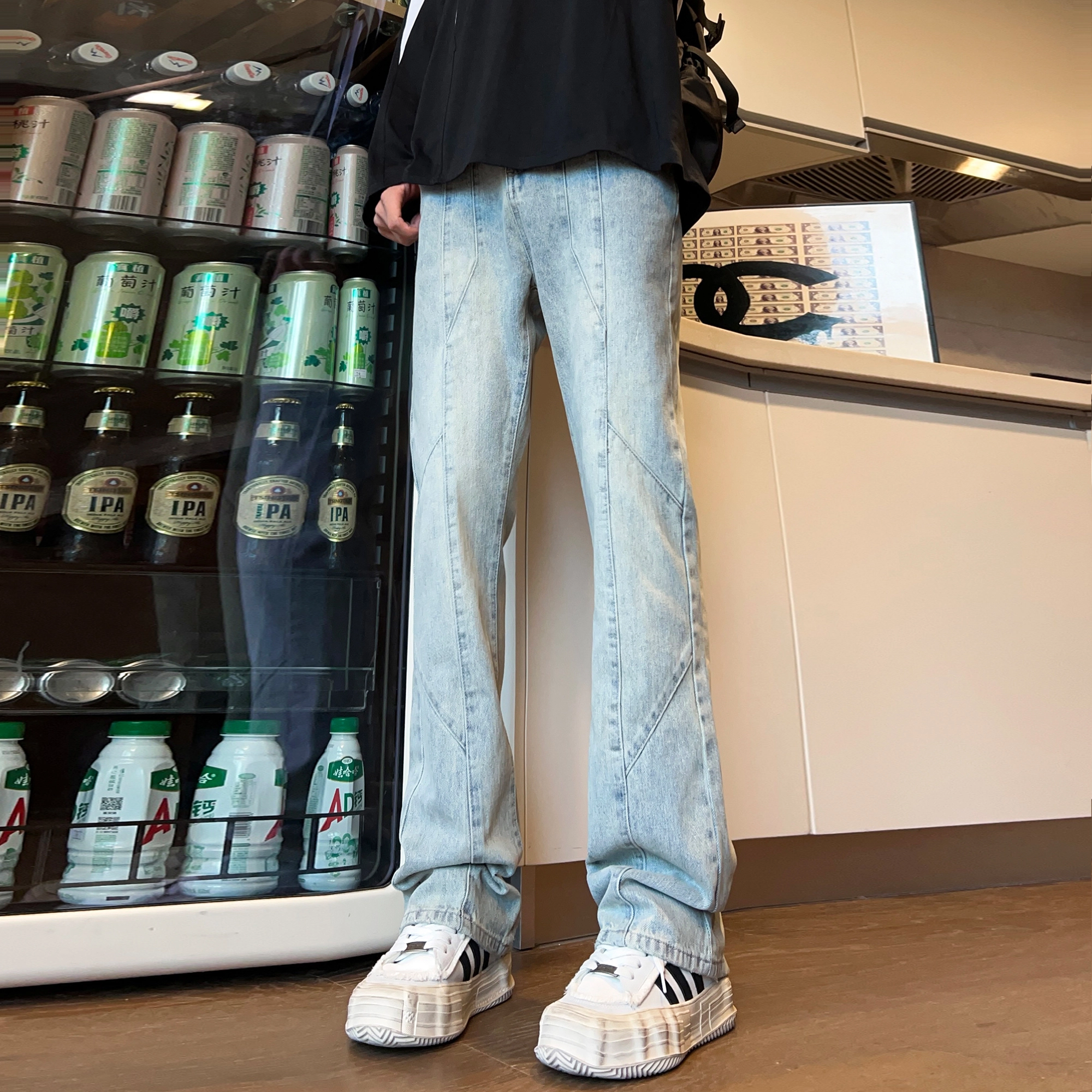 人本 休闲外出水洗磨白拼接长裤子街头百搭复古合身直筒牛仔裤夏季 男女同款 黄泥色