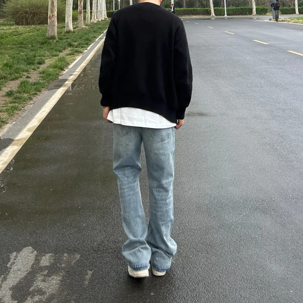 人本 高级设计感闪电裂纹水洗潮流直筒宽松裤子阔腿长裤牛仔裤 男女同款 浅蓝色
