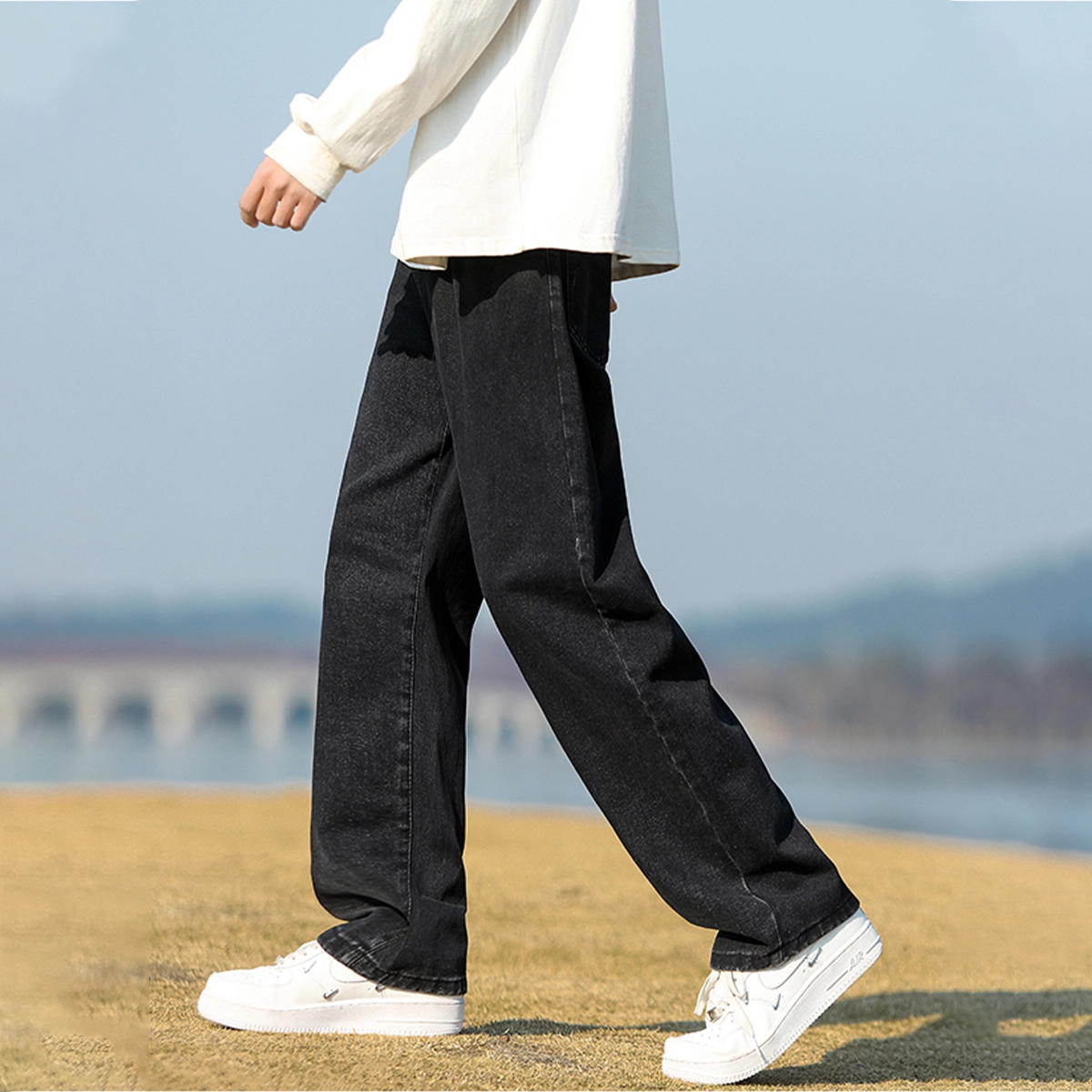 人本 中腰直筒宽松阔腿裤子松紧腰舒适休闲长裤牛仔裤夏季 男女同款