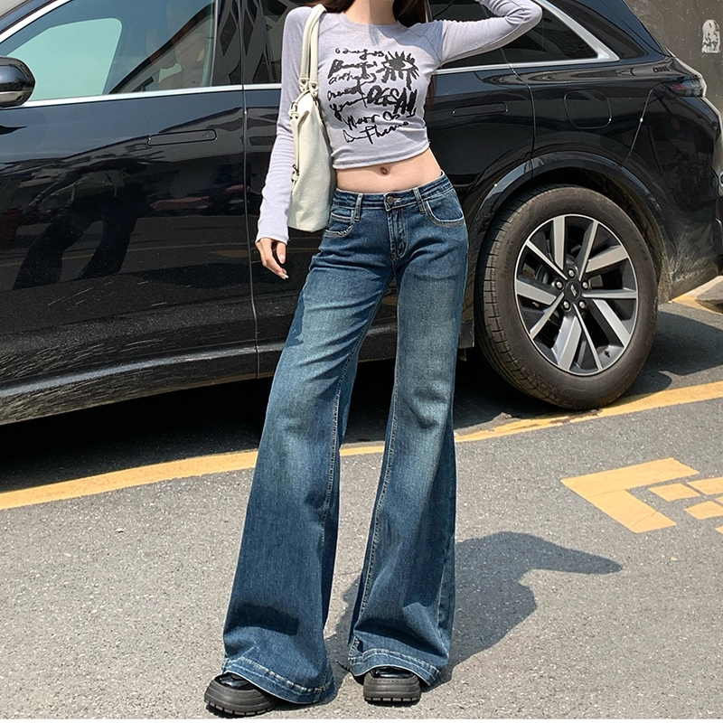 人本 美式辣妹复古风格舒适百搭弹力时尚直筒低腰拖地阔腿牛仔裤 女款