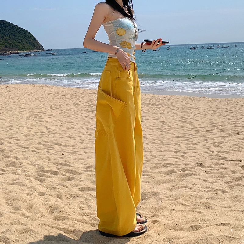 人本 美式复古舒适百搭弯刀字母刺绣拼接宽松休闲时尚高腰显瘦阔腿牛仔裤 女款