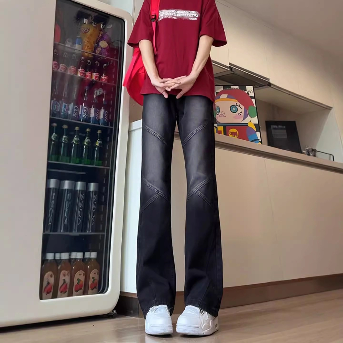 人本 磨白做旧耐磨水洗拼接设计微喇叭长裤青少年文艺校园青春休闲百搭牛仔裤 男女同款 黑色