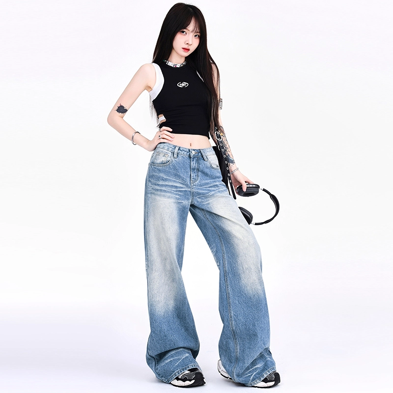 人本 美式百搭时尚做旧水洗折痕拖地显瘦宽松直筒阔腿裤牛仔裤 女款 蓝色