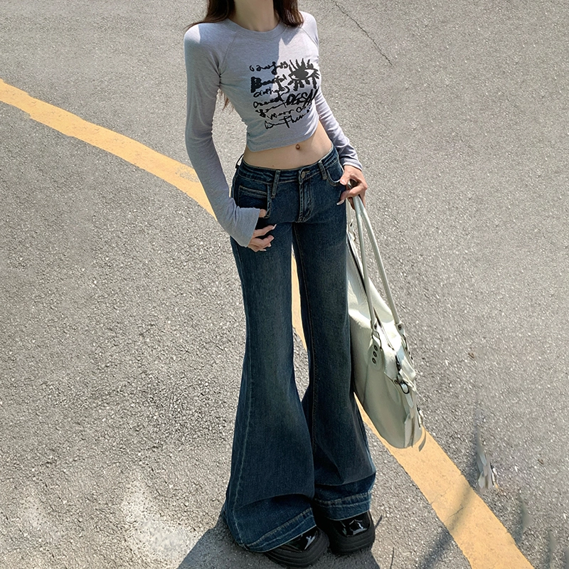 人本 美式辣妹复古风格舒适百搭弹力时尚直筒低腰拖地阔腿牛仔裤 女款
