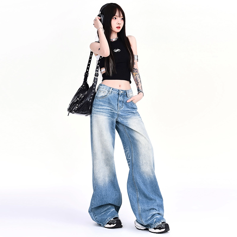人本 美式百搭时尚做旧水洗折痕拖地显瘦宽松直筒阔腿裤牛仔裤 女款 蓝色