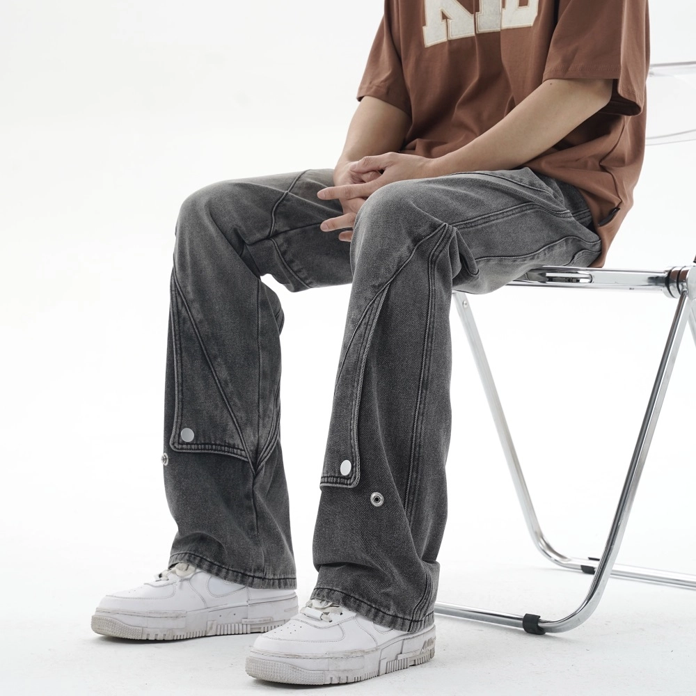 人本 黑色男裤中腰拼接微喇户外高街褡扣设计水洗磨白直筒长裤子牛仔裤夏季 男女同款 蓝色美式复古