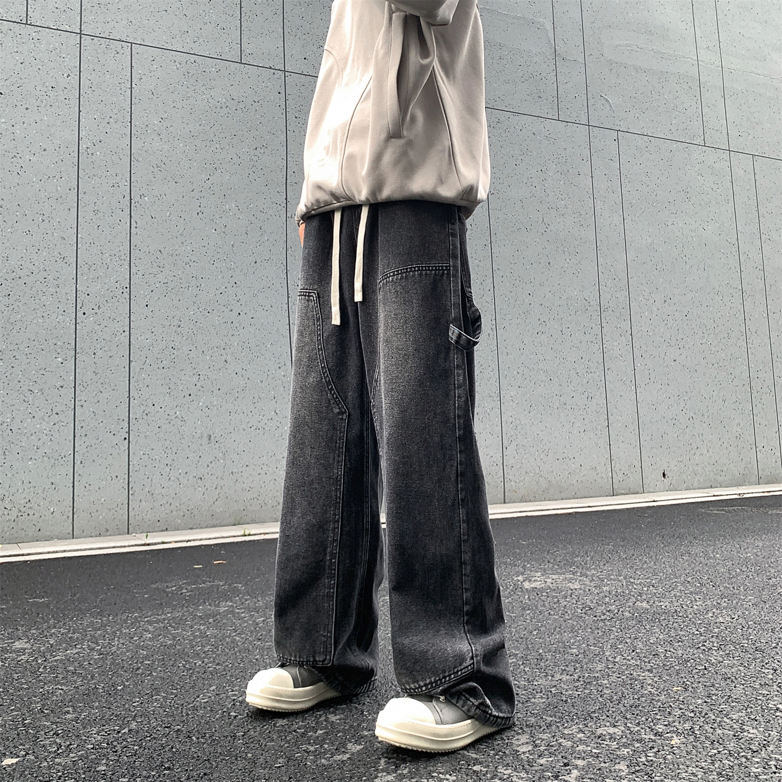 人本 直筒宽松休闲长裤抽绳系带中腰拼接飘带复古阔腿裤学生百搭牛仔裤 男女同款