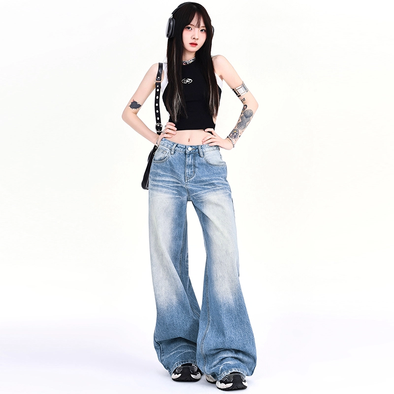 人本 美式百搭时尚做旧水洗折痕拖地显瘦宽松直筒阔腿裤牛仔裤 女款 蓝色