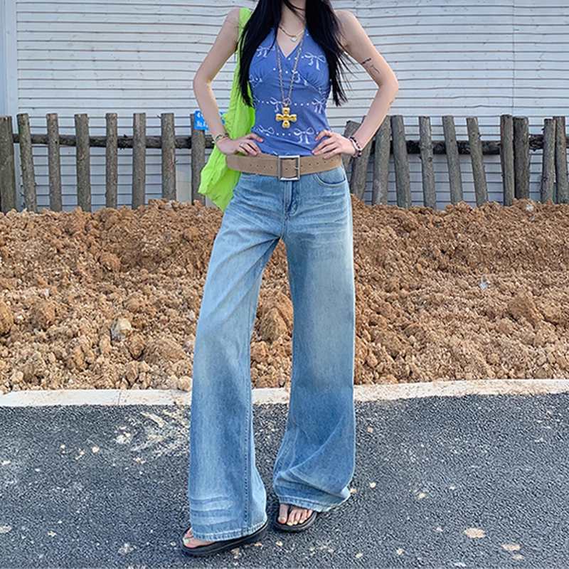 人本 美式复古水洗显瘦直筒垂感折痕宽松阔腿牛仔裤 女款