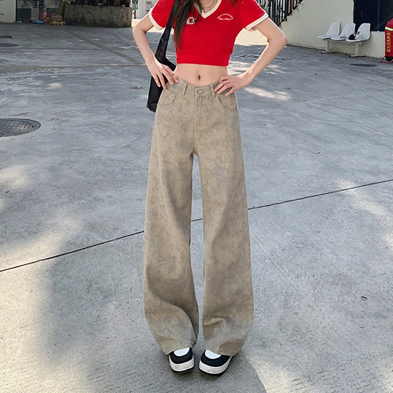 人本 美式百搭宽松休闲直筒裤复古废土风扎染阔腿牛仔裤 女款