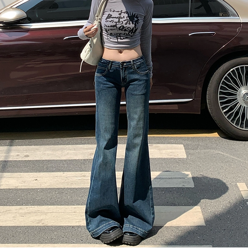 人本 美式辣妹复古风格舒适百搭弹力时尚直筒低腰拖地阔腿牛仔裤 女款