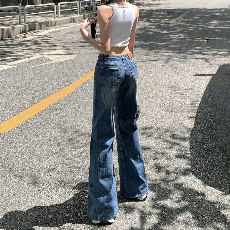 人本 宽松显瘦重工竹节纹超级复古蓝美式低腰阔腿微喇牛仔裤 女款