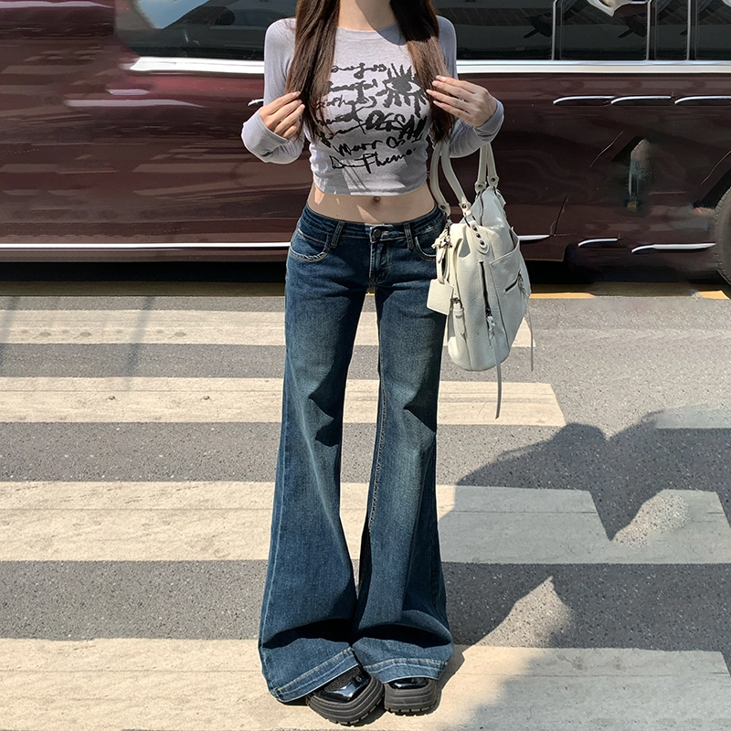 人本 美式辣妹复古风格舒适百搭弹力时尚直筒低腰拖地阔腿牛仔裤 女款