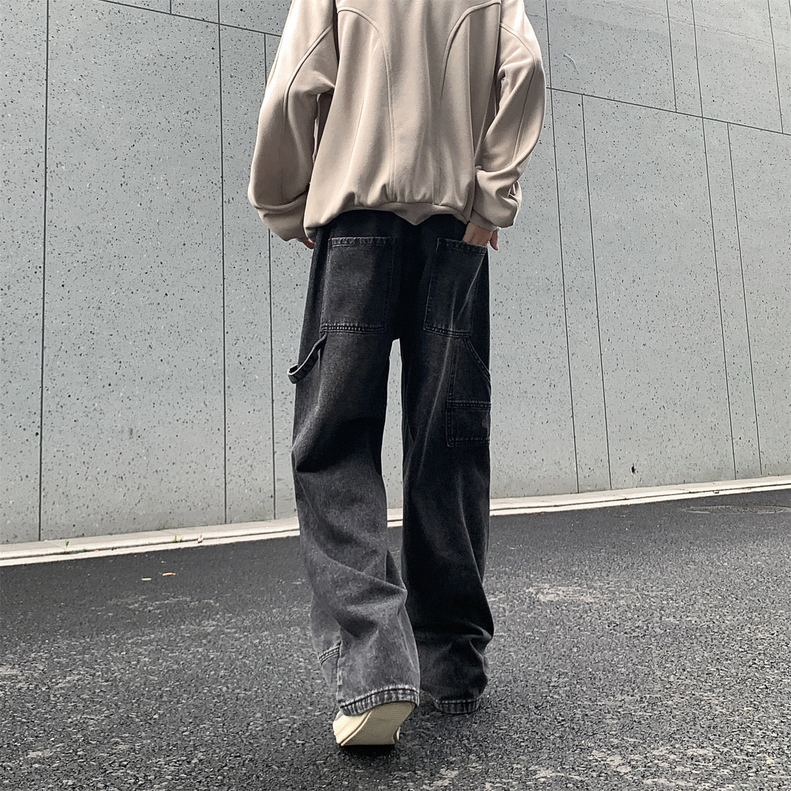 人本 直筒宽松休闲长裤抽绳系带中腰拼接飘带复古阔腿裤学生百搭牛仔裤 男女同款
