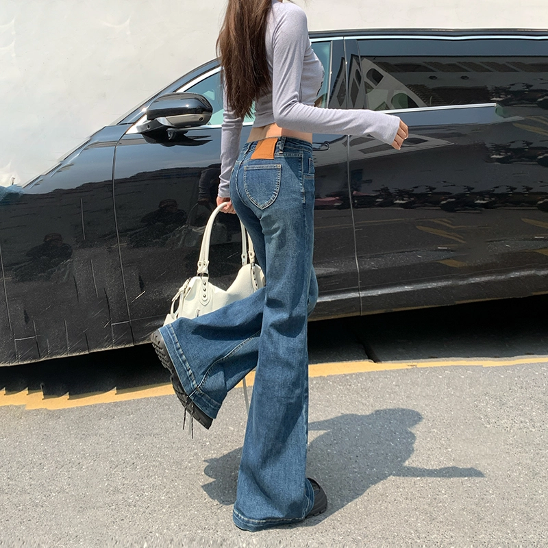 人本 美式辣妹复古风格舒适百搭弹力时尚直筒低腰拖地阔腿牛仔裤 女款