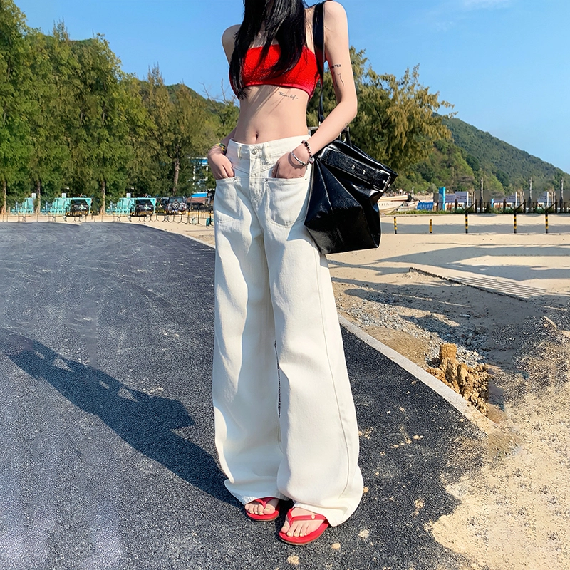 人本 美式复古高腰显瘦百搭时尚宽松舒适直筒垂感拖地牛仔裤 女款