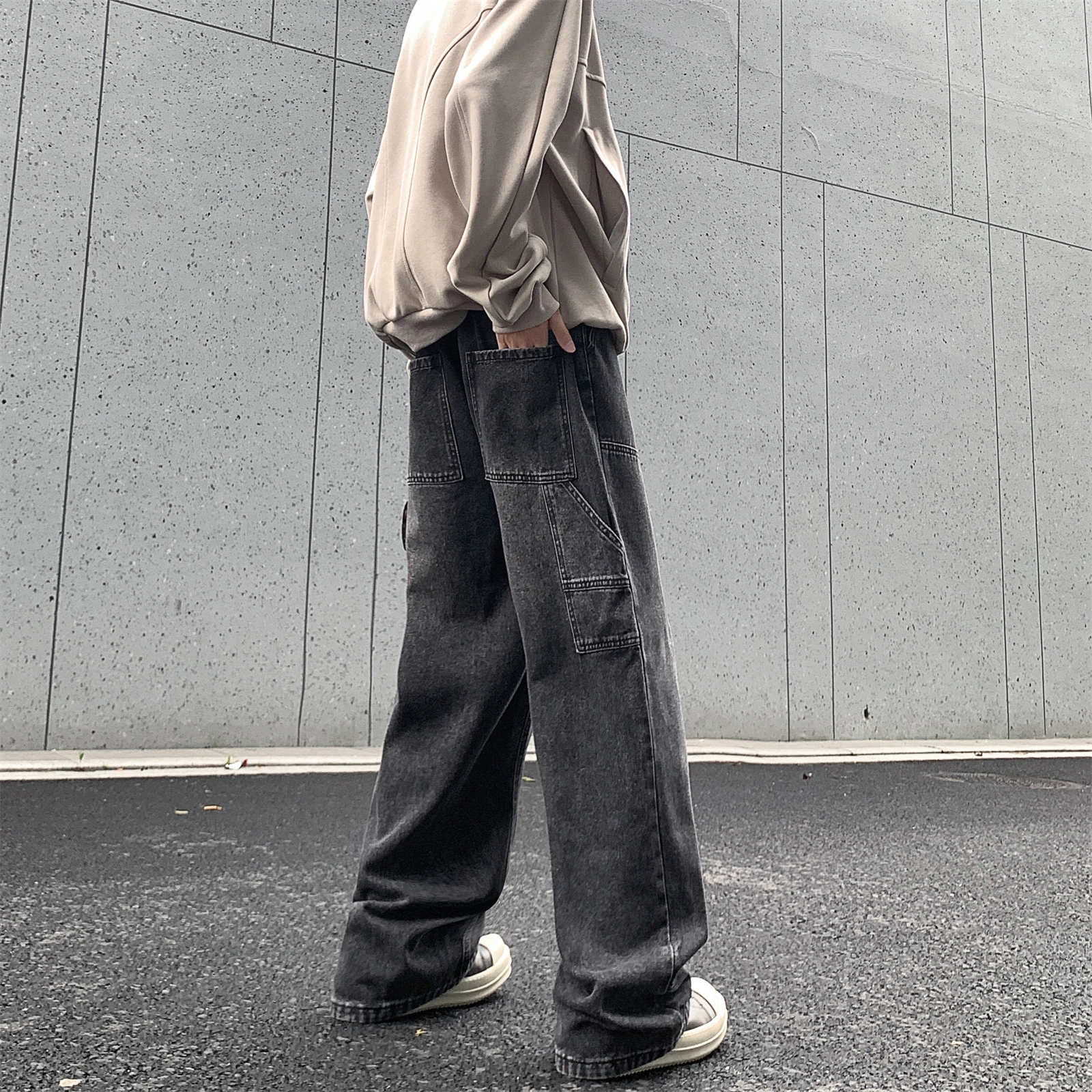 人本 直筒宽松休闲长裤抽绳系带中腰拼接飘带复古阔腿裤学生百搭牛仔裤 男女同款