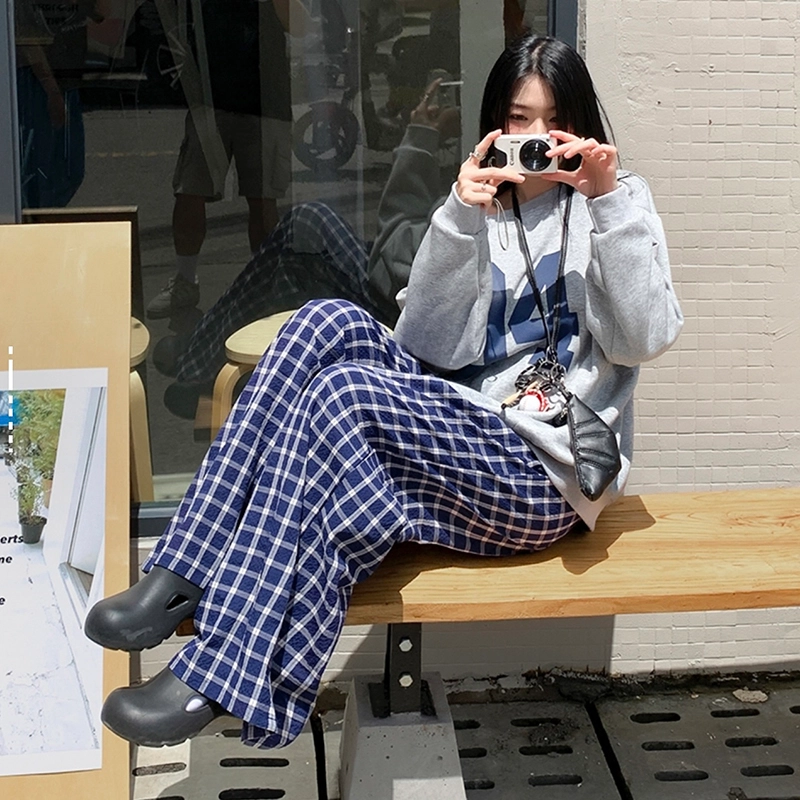 人本 美式街头格子宽松单排多扣慵懒垂感阔腿休闲裤 女款 蓝色