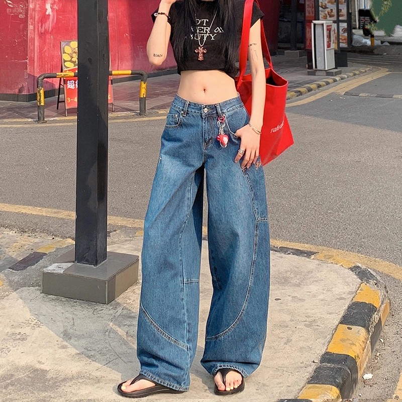人本 美式复古舒适百搭弯刀字母刺绣拼接宽松休闲时尚高腰显瘦阔腿牛仔裤 女款