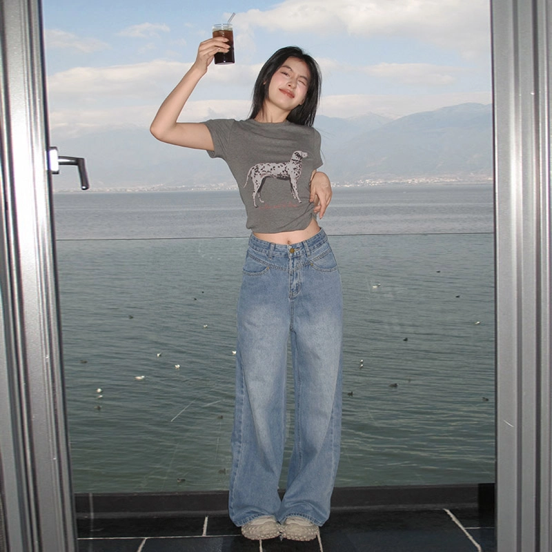 人本 美式复古水洗高腰宽松百搭休闲显瘦垂感直筒通勤时尚简约牛仔裤 女款