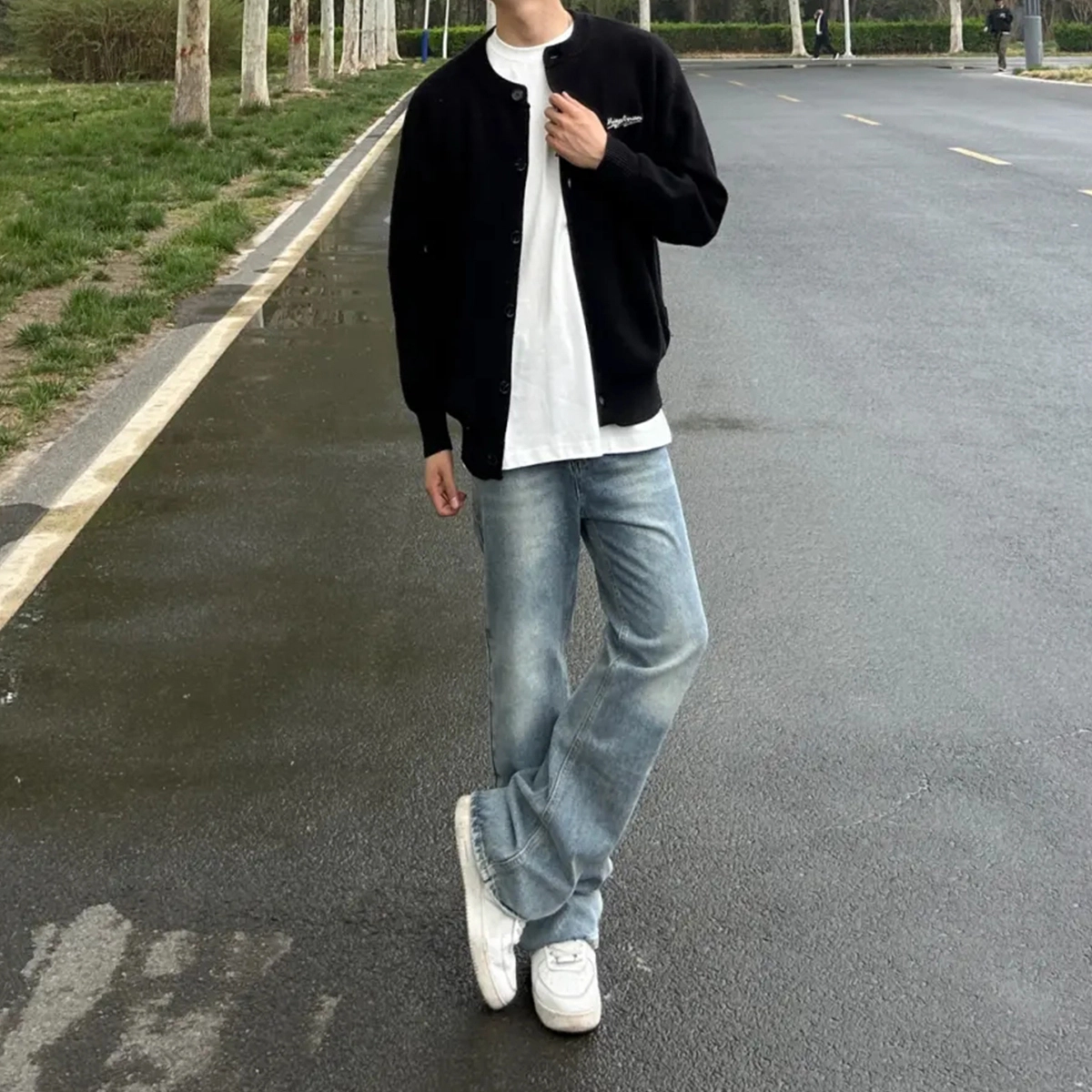 人本 高级设计感闪电裂纹水洗潮流直筒宽松裤子阔腿长裤牛仔裤 男女同款 浅蓝色