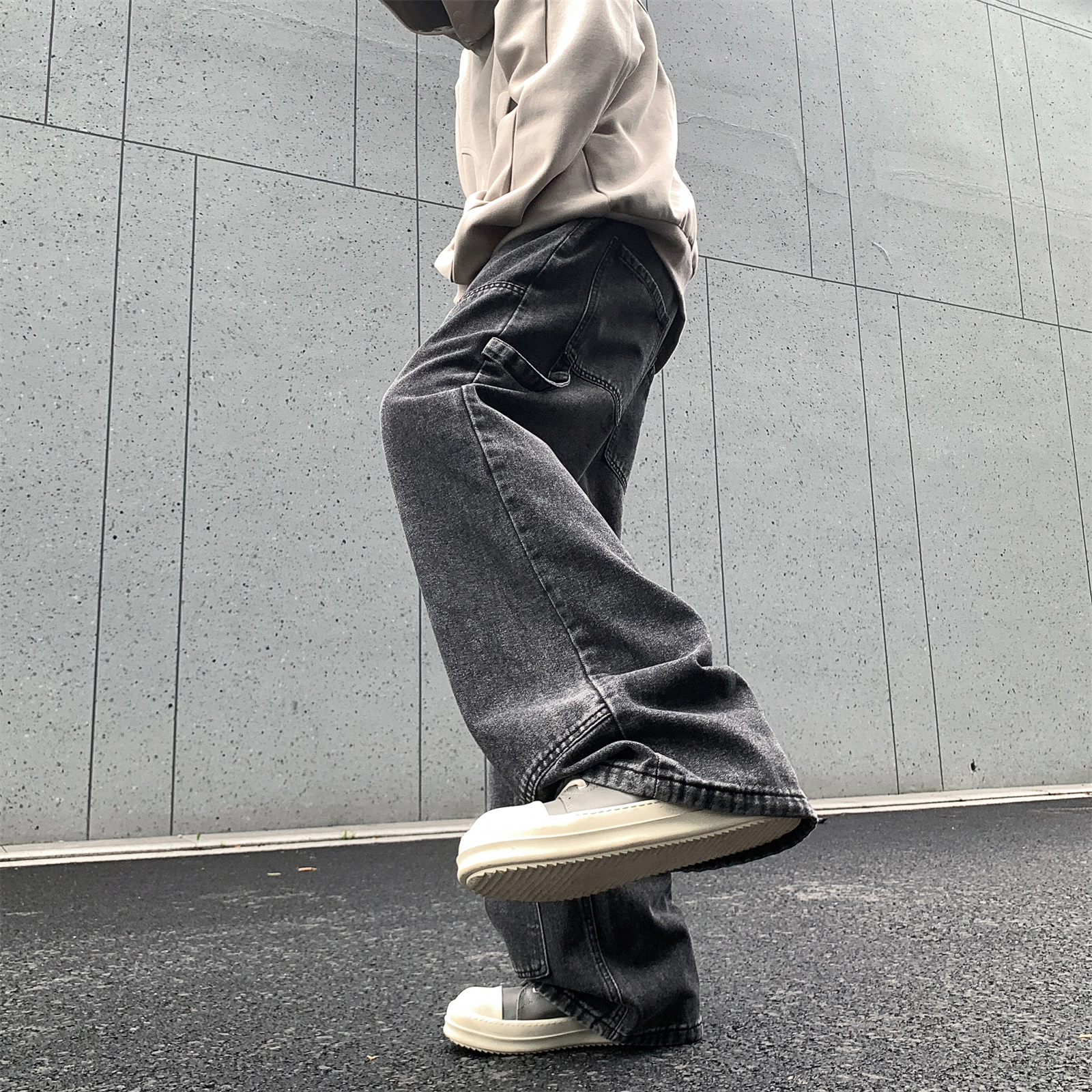 人本 直筒宽松休闲长裤抽绳系带中腰拼接飘带复古阔腿裤学生百搭牛仔裤 男女同款