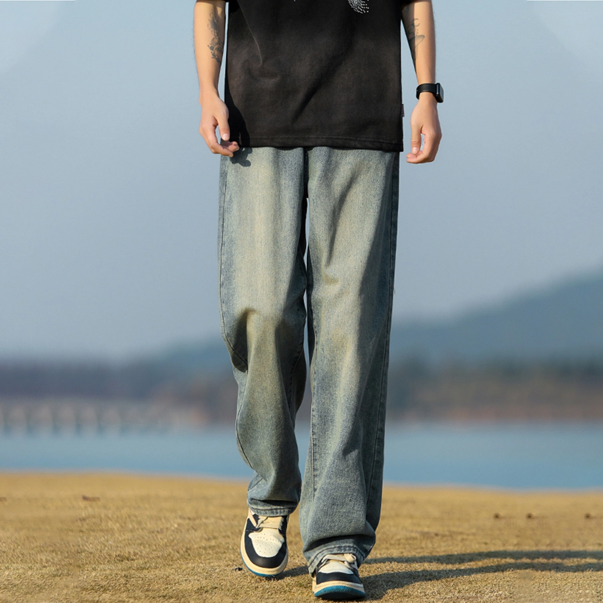 人本 中腰直筒宽松阔腿裤子松紧腰舒适休闲长裤牛仔裤夏季 男女同款