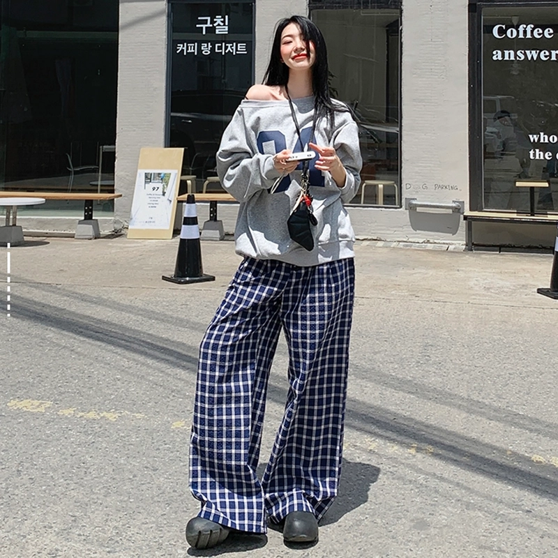人本 美式街头格子宽松单排多扣慵懒垂感阔腿休闲裤 女款 蓝色