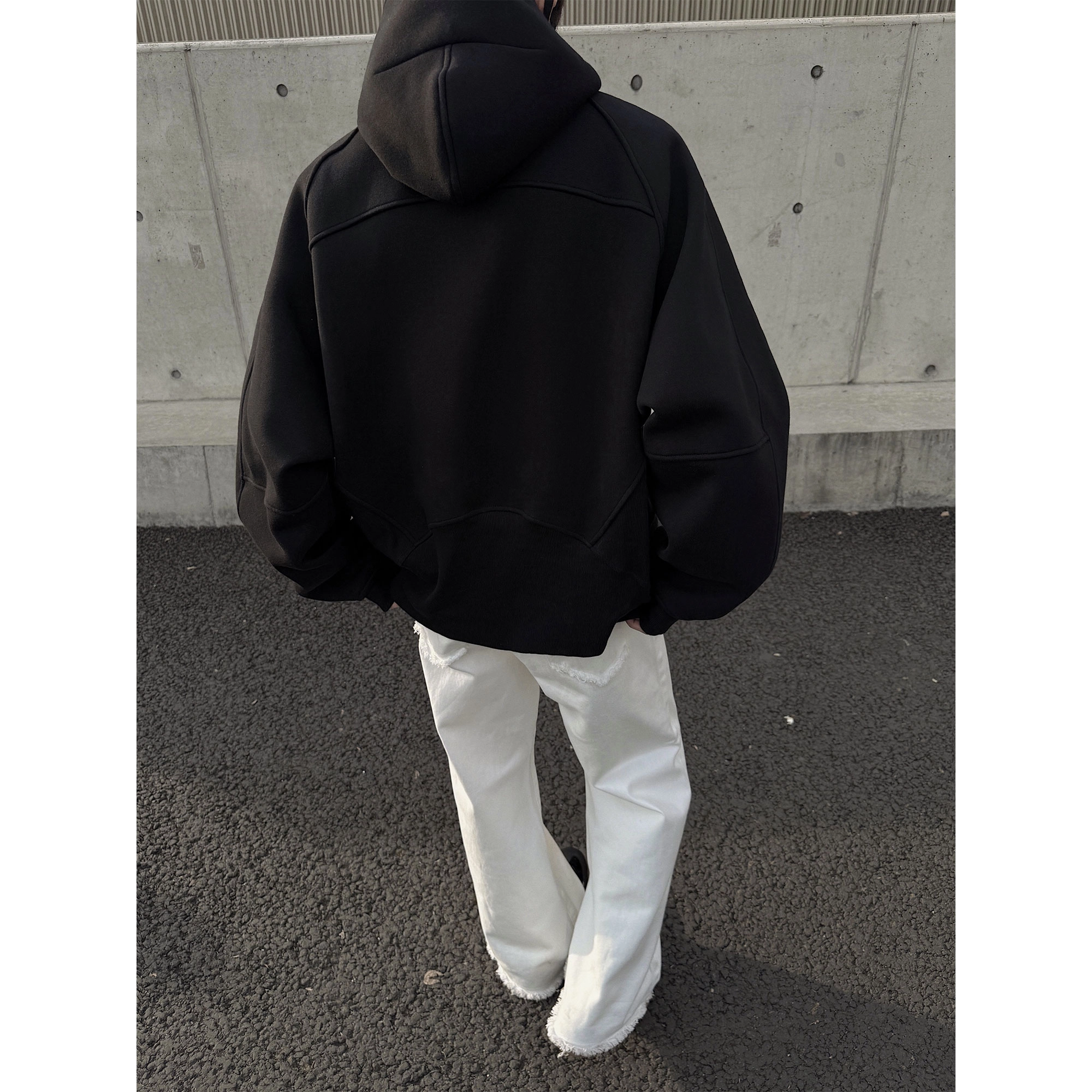 悍戈 美式复古高街风宽松半拉链设计休闲百搭学院风简约氛围感连帽拼接纯色潮流长袖时尚卫衣 男女同款