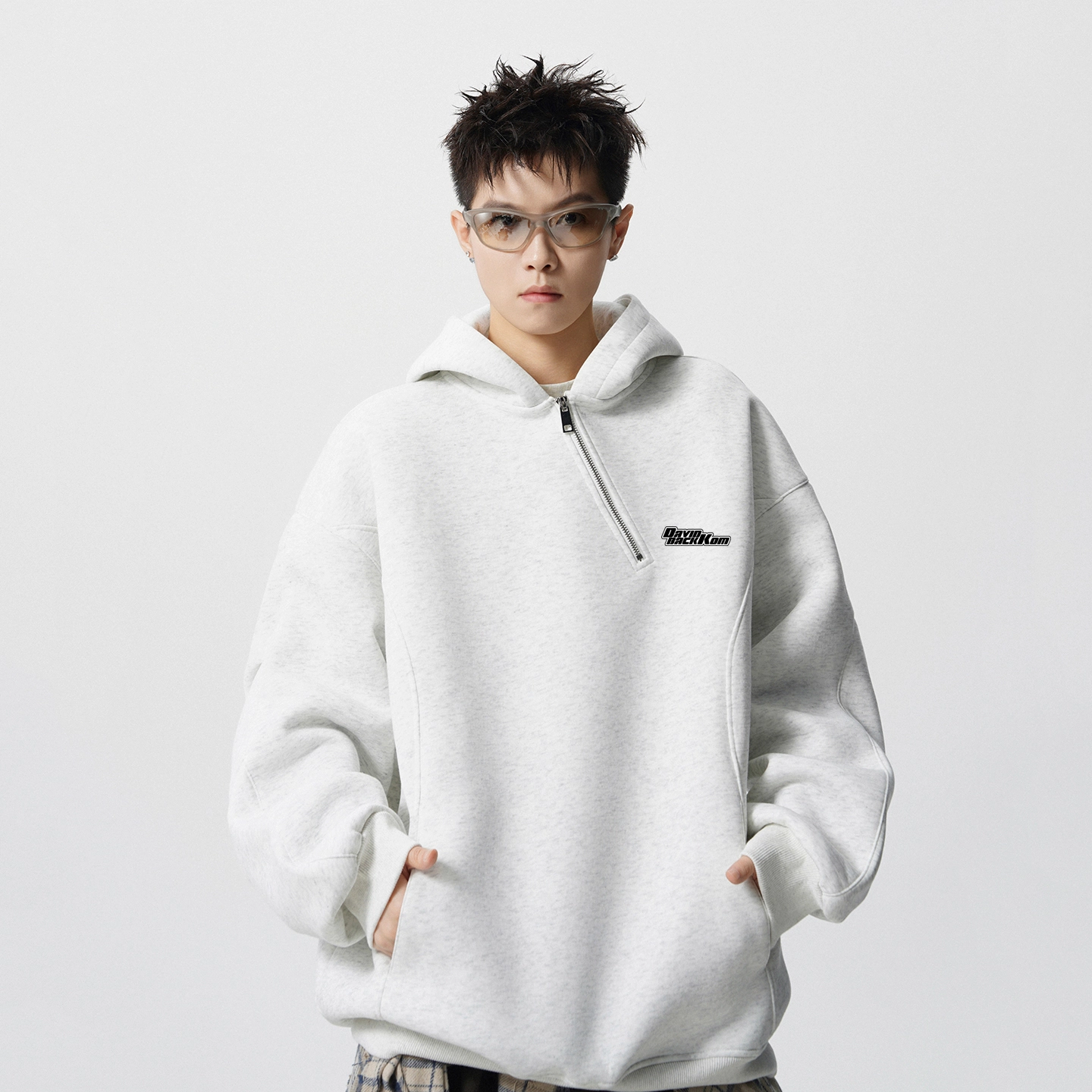 大卫贝肯 美式复古小众高级感纯色半拉链领口上衣男秋季重磅设计感宽松舒适休闲百搭情侣款帽衫卫衣 男女同款