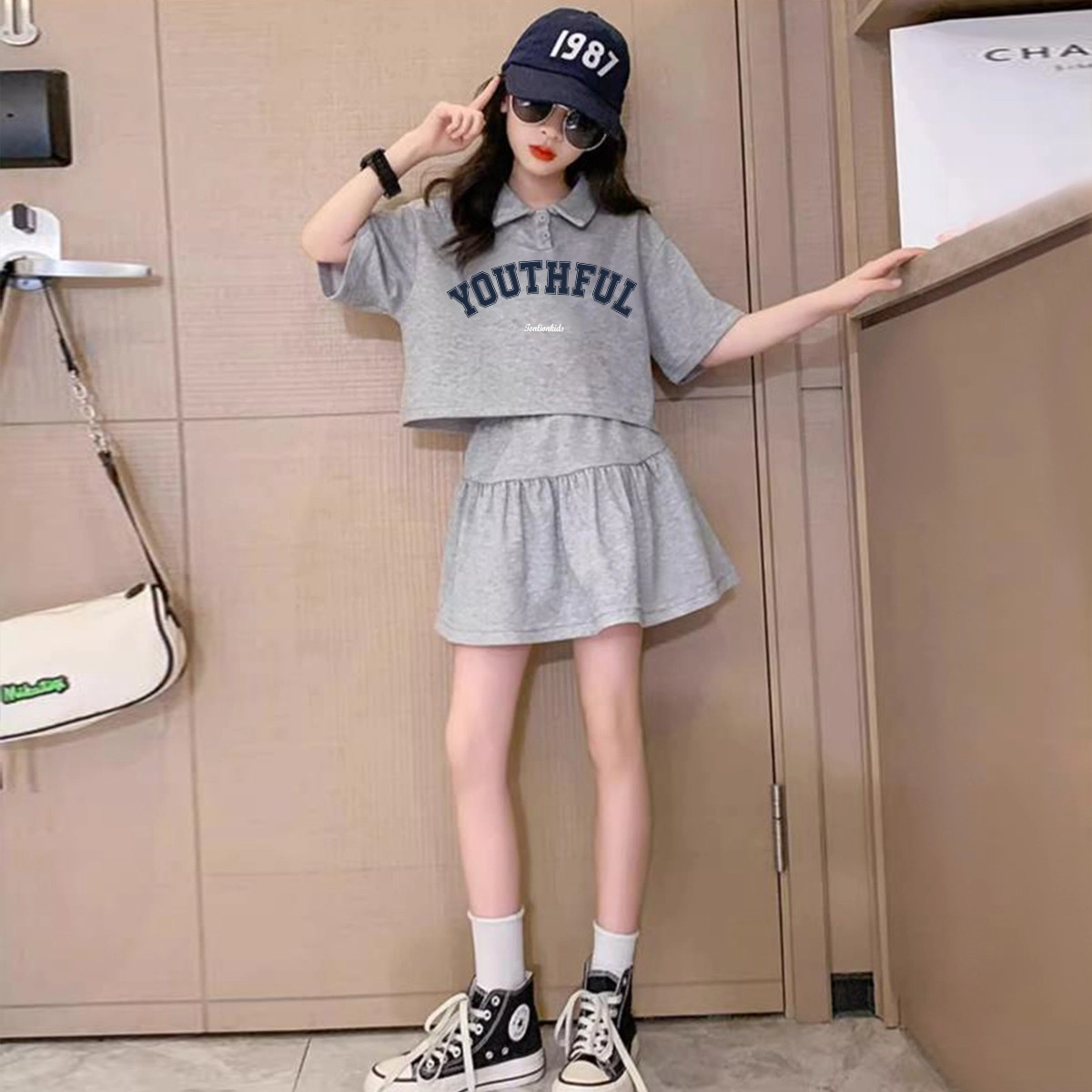 唐狮童装 字母短袖舒适上衣松紧腰纯色裙子休闲运动套装 儿童款 浅灰色