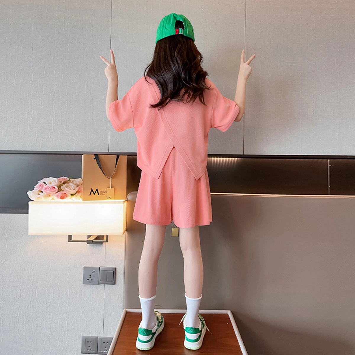 唐狮童装 字母星星图案圆领短袖上衣松紧腰短裤休闲运动套装 儿童款 粉红色