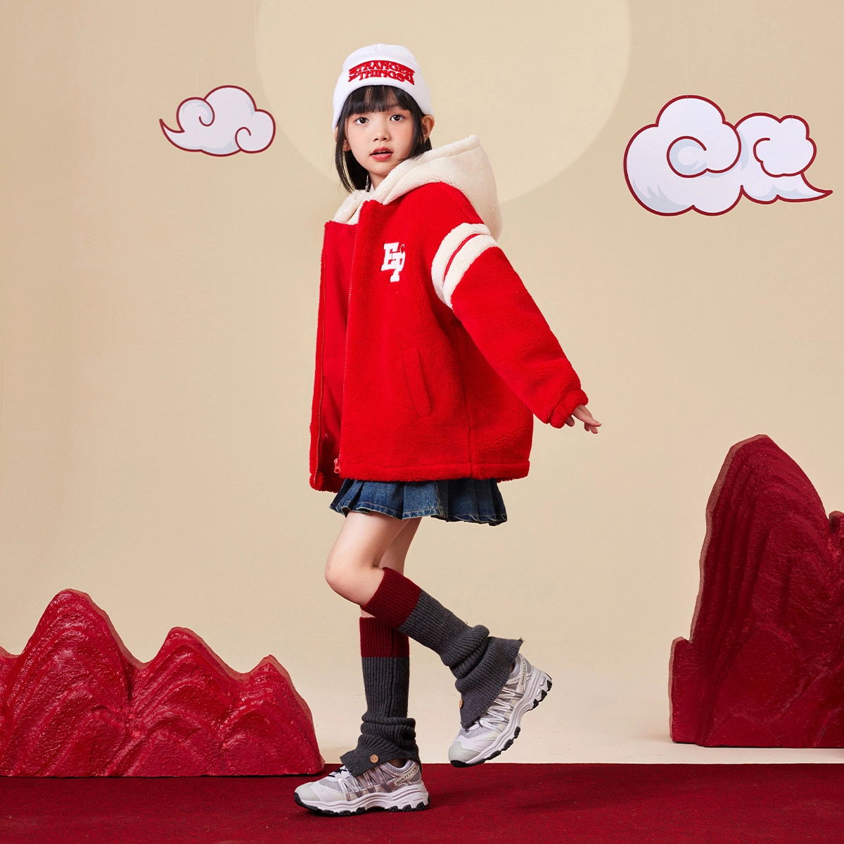 唐狮童装 字母爱心连帽加绒加厚拉链休闲长袖绒感外套 儿童款 红色