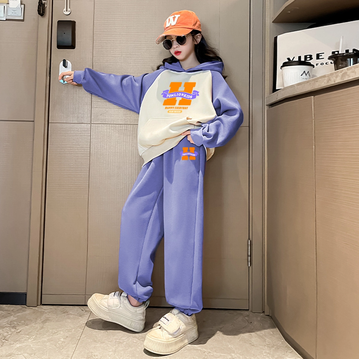 唐狮童装 加绒加厚插肩卫衣束脚卫裤休闲运动套装 儿童款 浅紫色