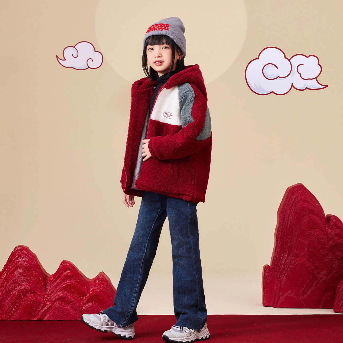 唐狮童装 字母加绒加厚连帽拉链休闲长袖绒感外套 儿童款 酒红色