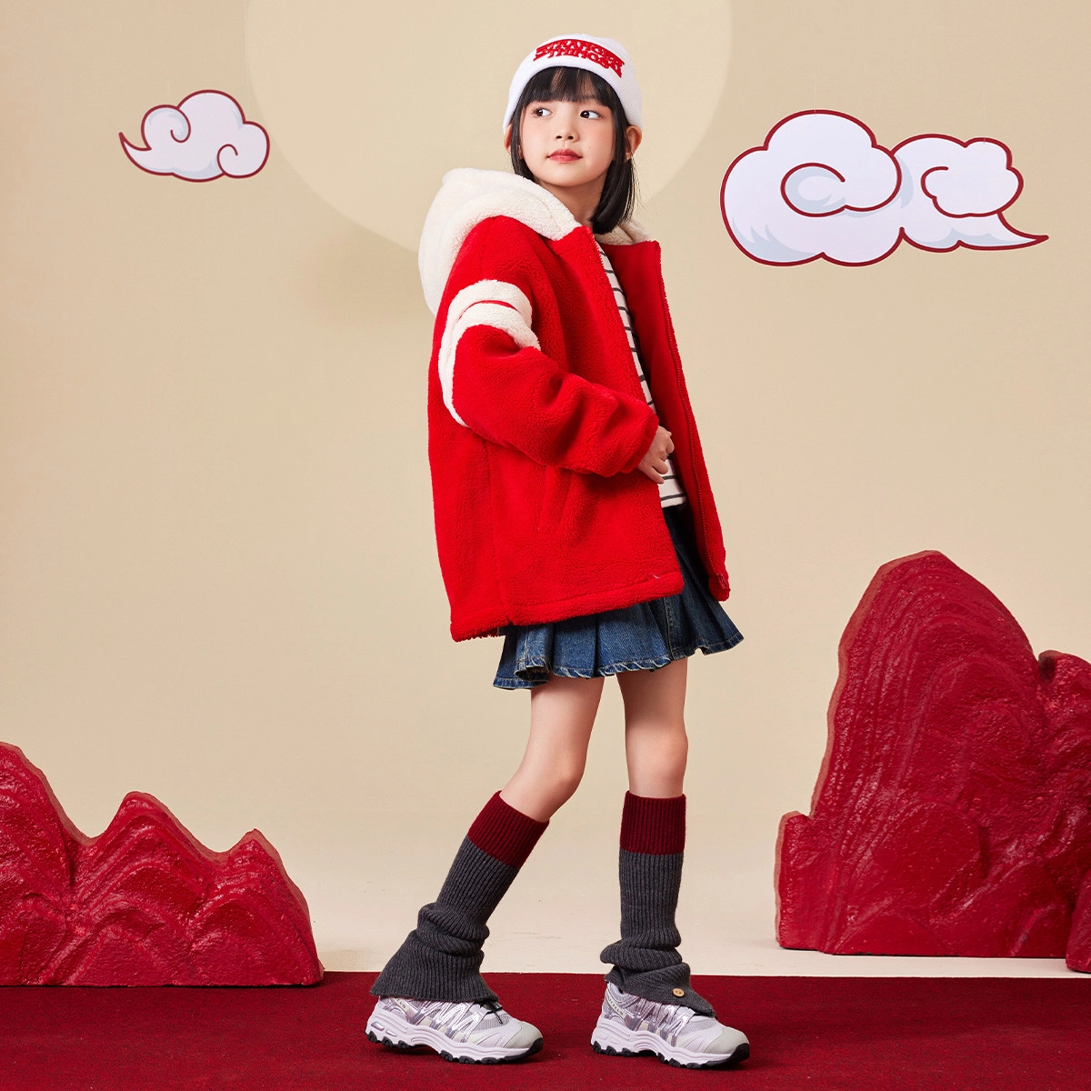 唐狮童装 字母爱心连帽加绒加厚拉链休闲长袖绒感外套 儿童款 红色