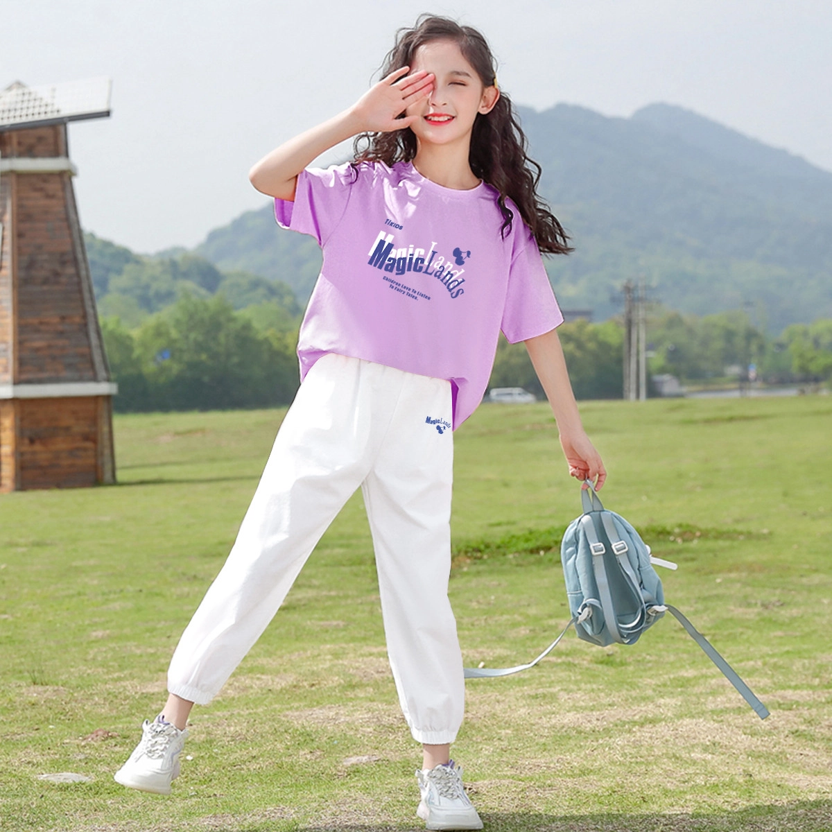 唐狮童装 舒适柔软轻盈宽松透气休闲运动套装 儿童款 浅紫色