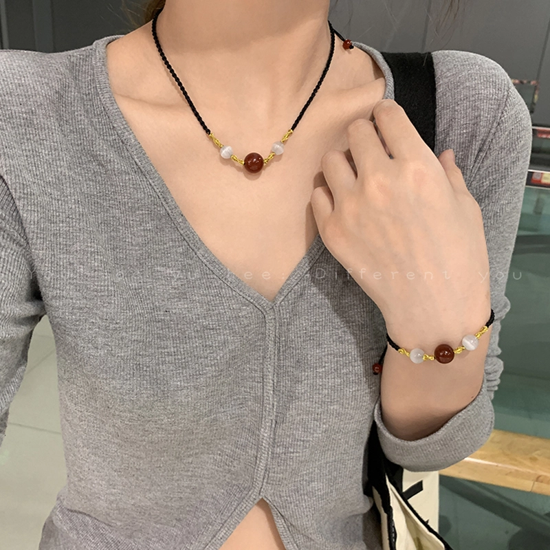 久爱 相思豆 手工编织绳新中式国潮浪漫气质 玛瑙 玉石项链 男女同款情侣款