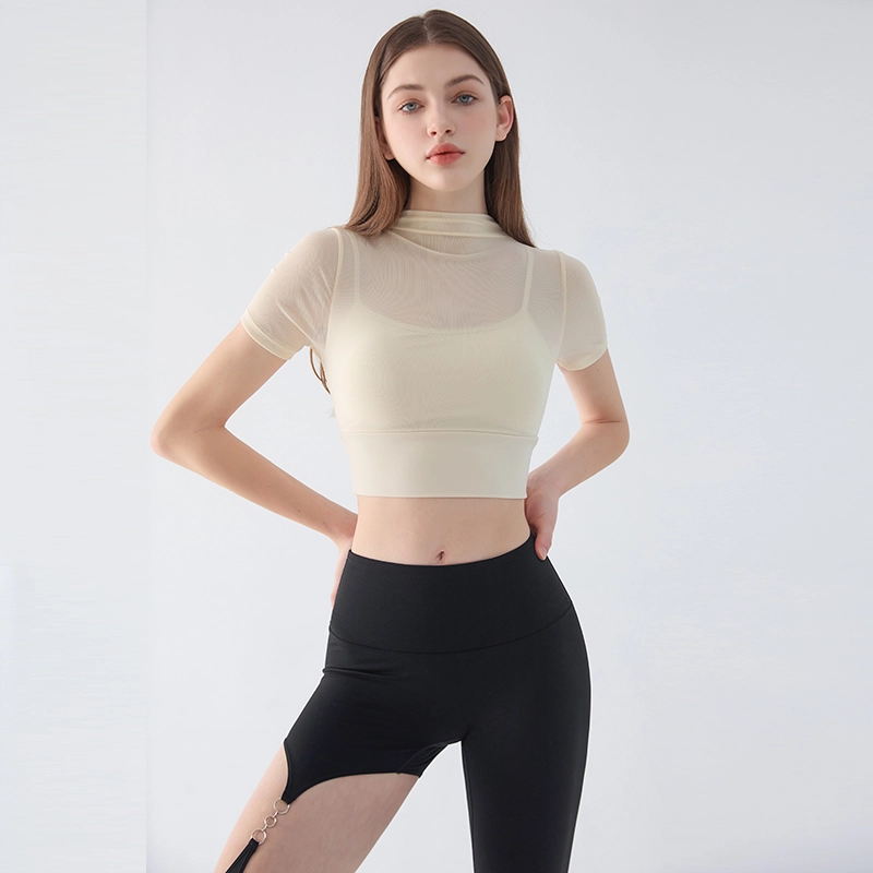 岚纹 纯色舒适含胸垫网纱假两件运动短袖健身衣 女款