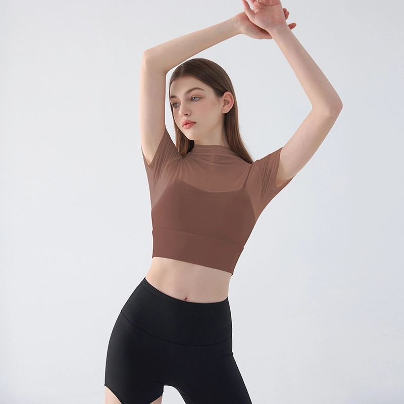 岚纹 纯色舒适含胸垫网纱假两件运动短袖健身衣 女款