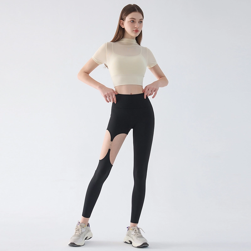 岚纹 纯色舒适含胸垫网纱假两件运动短袖健身衣 女款