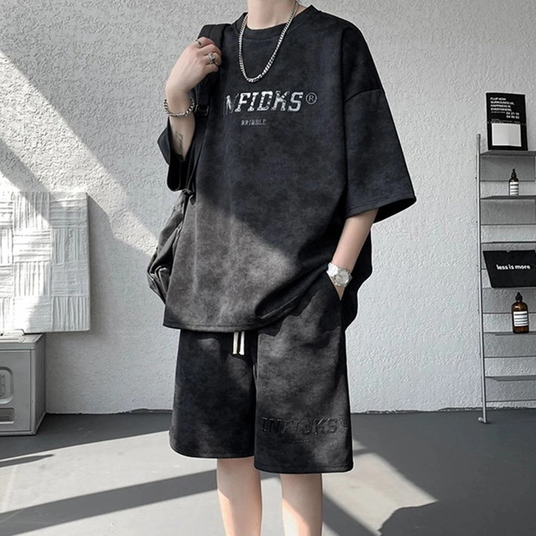 顶峰保罗 美式复古时尚亲肤柔软短袖上衣宽松潮流简约舒适短裤休闲运动套装 男女同款